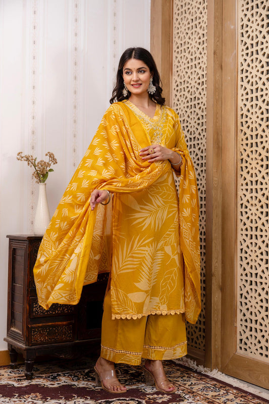 Cotton 60-60 3-Piece Suit Set | Printed Kurta, Embroidered Neckline, Dupatta & Trouser
