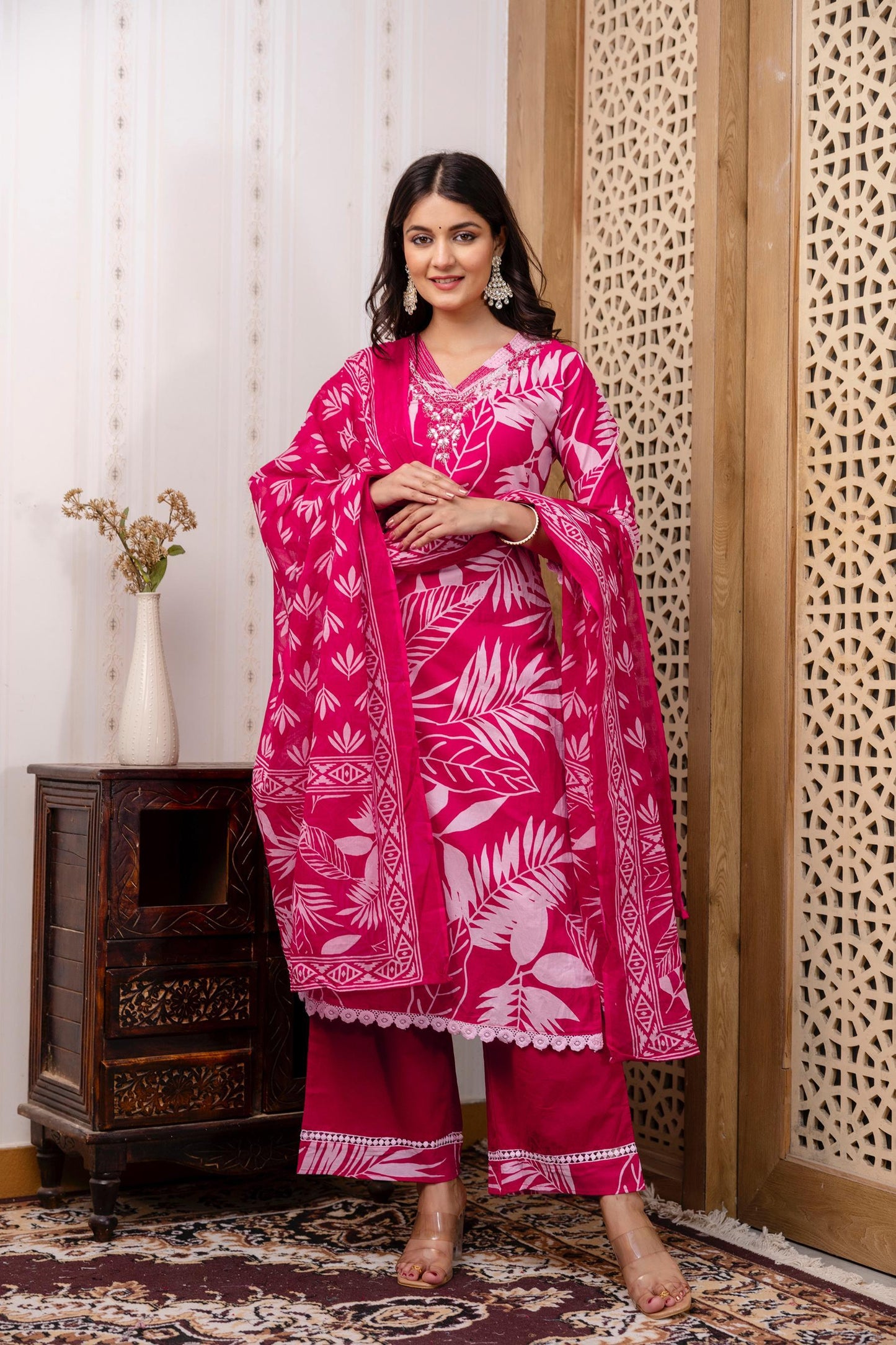 Cotton 60-60 3-Piece Suit Set | Printed Kurta, Embroidered Neckline, Dupatta & Trouser