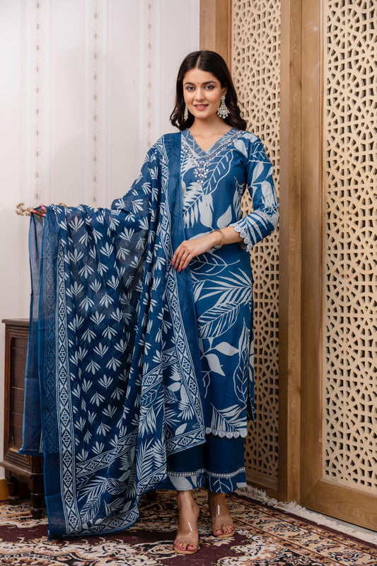 Cotton 60-60 3-Piece Suit Set | Printed Kurta, Embroidered Neckline, Dupatta & Trouser