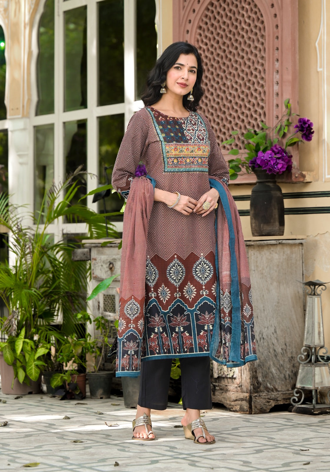 Women’s Printed Cotton Kurta Set with Embroidered Neck & Dupatta – Ethnic Festive Wear