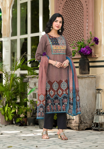 Women’s Printed Cotton Kurta Set with Embroidered Neck & Dupatta – Ethnic Festive Wear