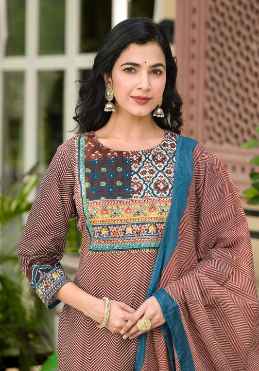 Women’s Printed Cotton Kurta Set with Embroidered Neck & Dupatta – Ethnic Festive Wear