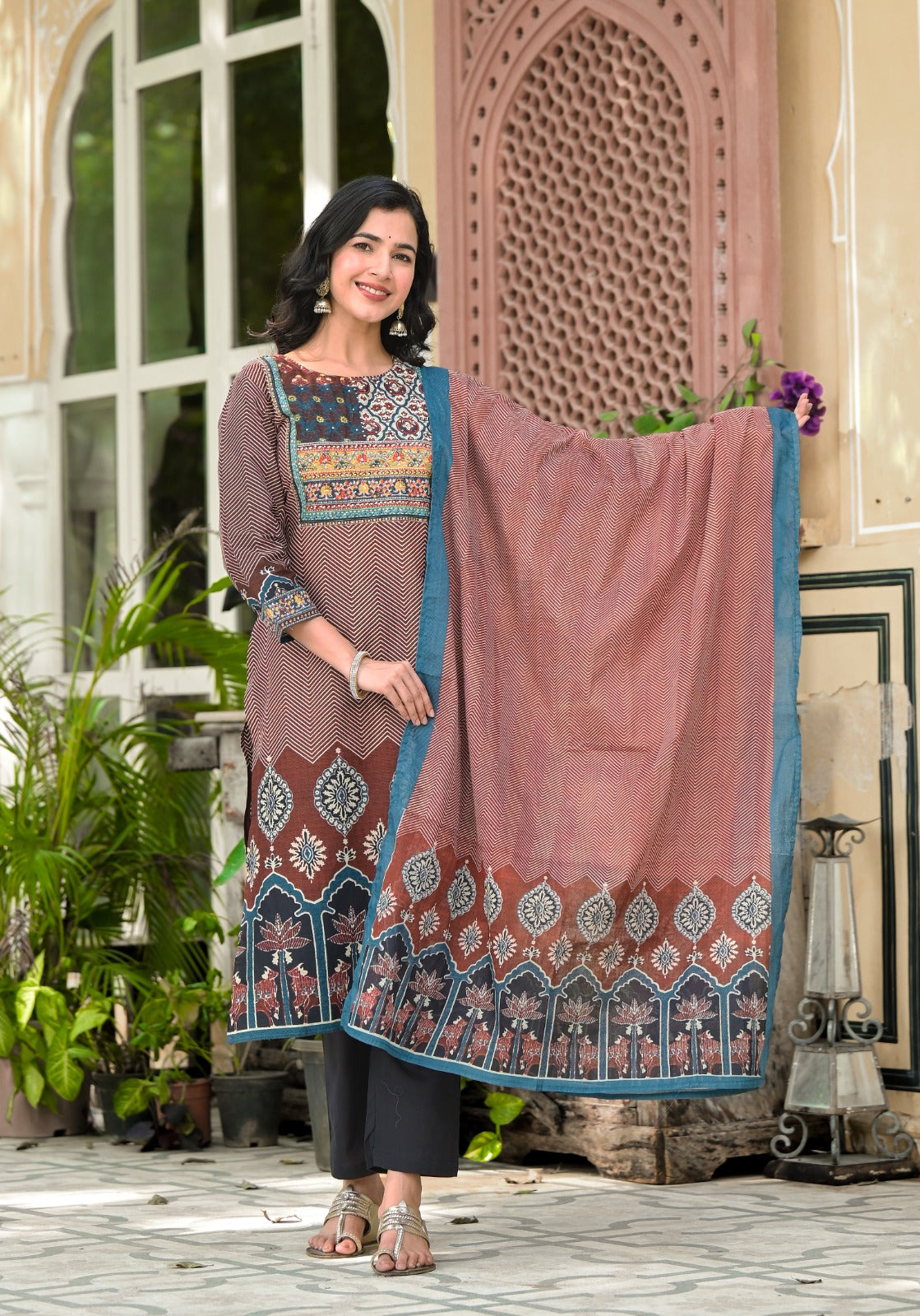 Women’s Printed Cotton Kurta Set with Embroidered Neck & Dupatta – Ethnic Festive Wear