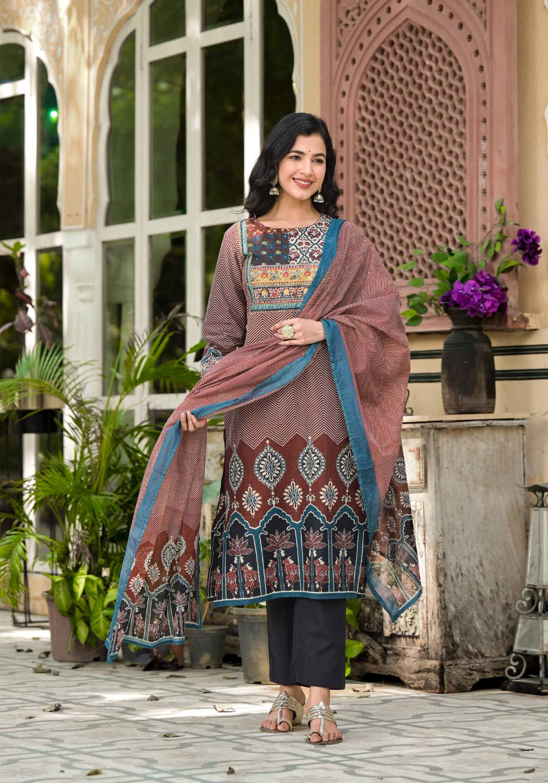 Women’s Printed Cotton Kurta Set with Embroidered Neck & Dupatta – Ethnic Festive Wear
