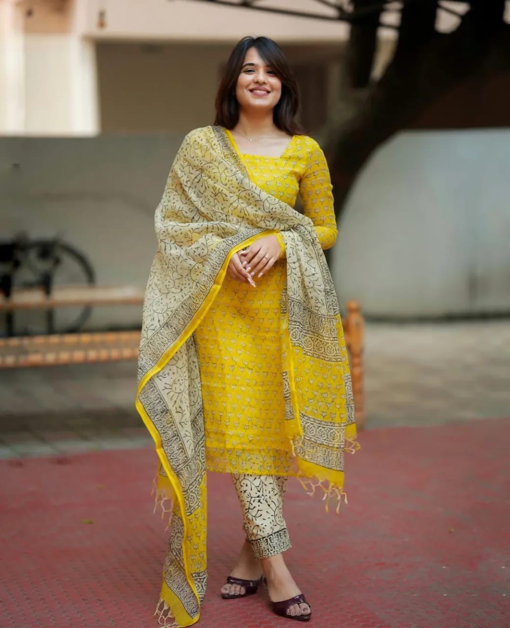 Premium Fine Kota Doria Kurti Pant Dupatta Suit Set