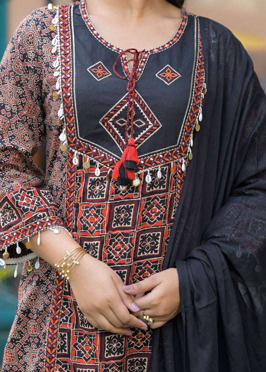 Block Print Cotton Kurta Pant Set with Dupatta