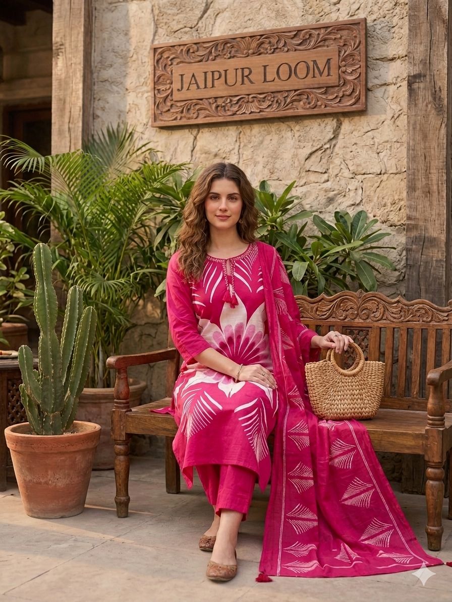 Premium Cotton 60-60 Placement Print Kurta Set (3-Piece) – Elegant Pink Ethnic Wear for Women-4