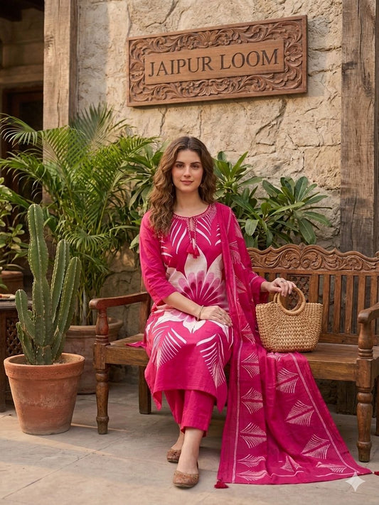 Premium Cotton 60-60 Placement Print Kurta Set (3-Piece) – Elegant Pink Ethnic Wear for Women-4