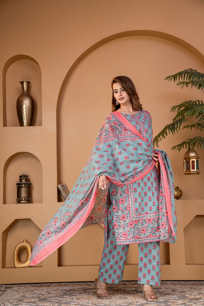 Premium Cotton 60-60 Panel Design Kurta Set with Palazzo & Dupatta – 3 Piece Ethnic Wear for Women