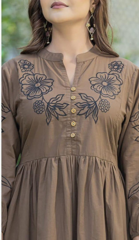 Exclusive High-Neck Embroidered Cambric Cotton Midi Dress