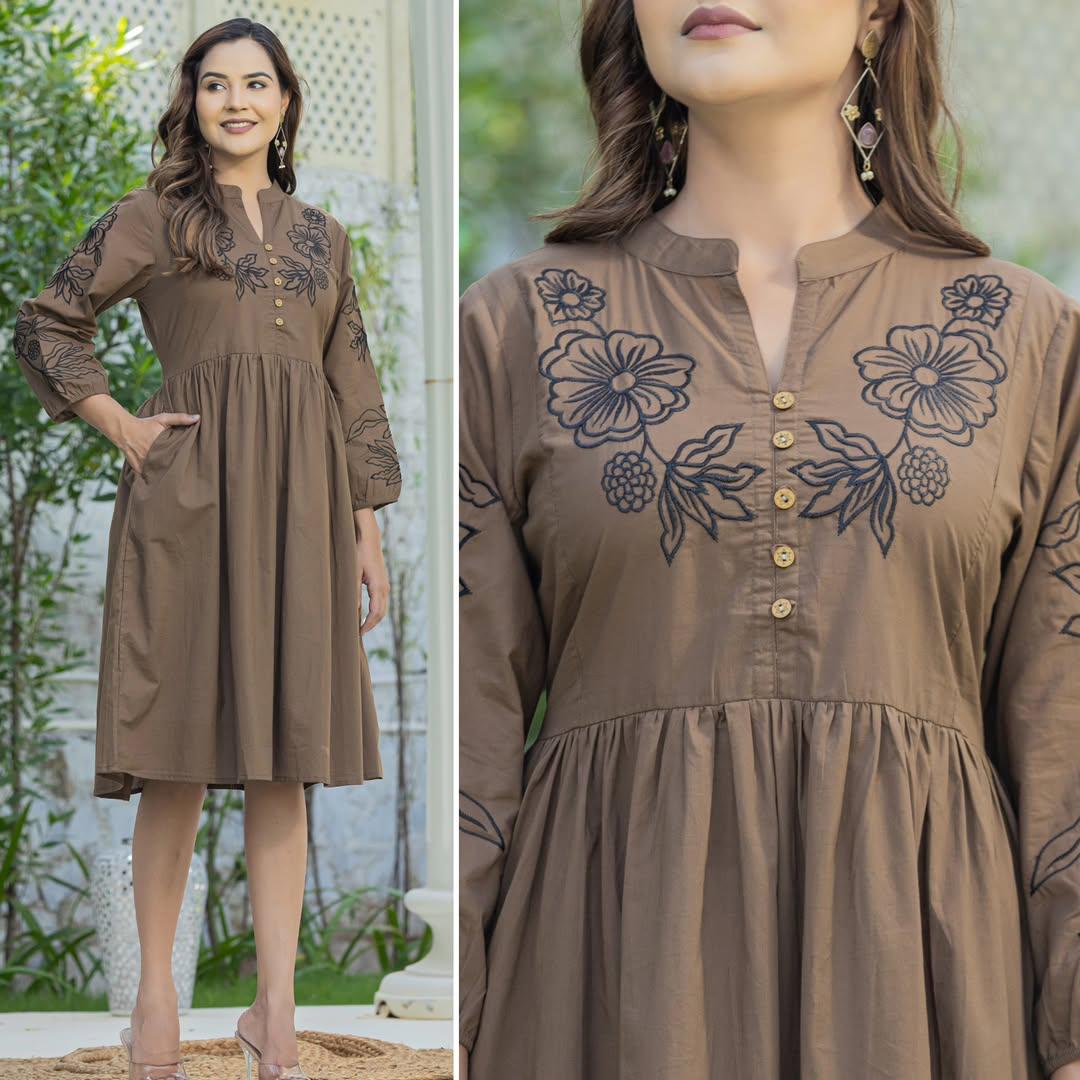 Exclusive High-Neck Embroidered Cambric Cotton Midi Dress