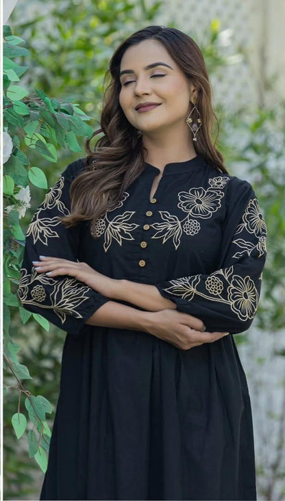 Exclusive High-Neck Embroidered Cambric Cotton Midi Dress