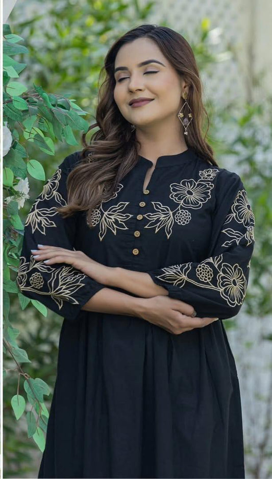 Exclusive High-Neck Embroidered Cambric Cotton Midi Dress