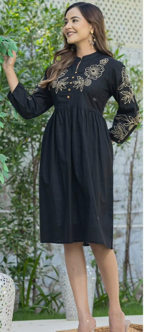 Exclusive High-Neck Embroidered Cambric Cotton Midi Dress