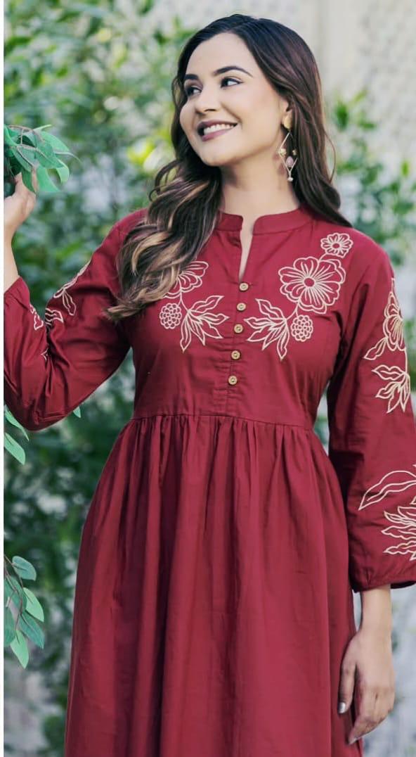 Exclusive High-Neck Embroidered Cambric Cotton Midi Dress