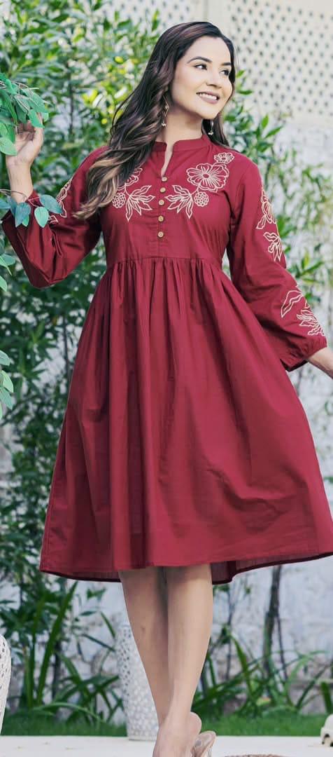 Exclusive High-Neck Embroidered Cambric Cotton Midi Dress