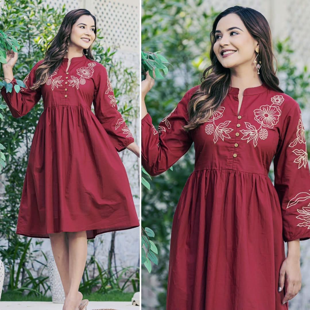 Exclusive High-Neck Embroidered Cambric Cotton Midi Dress