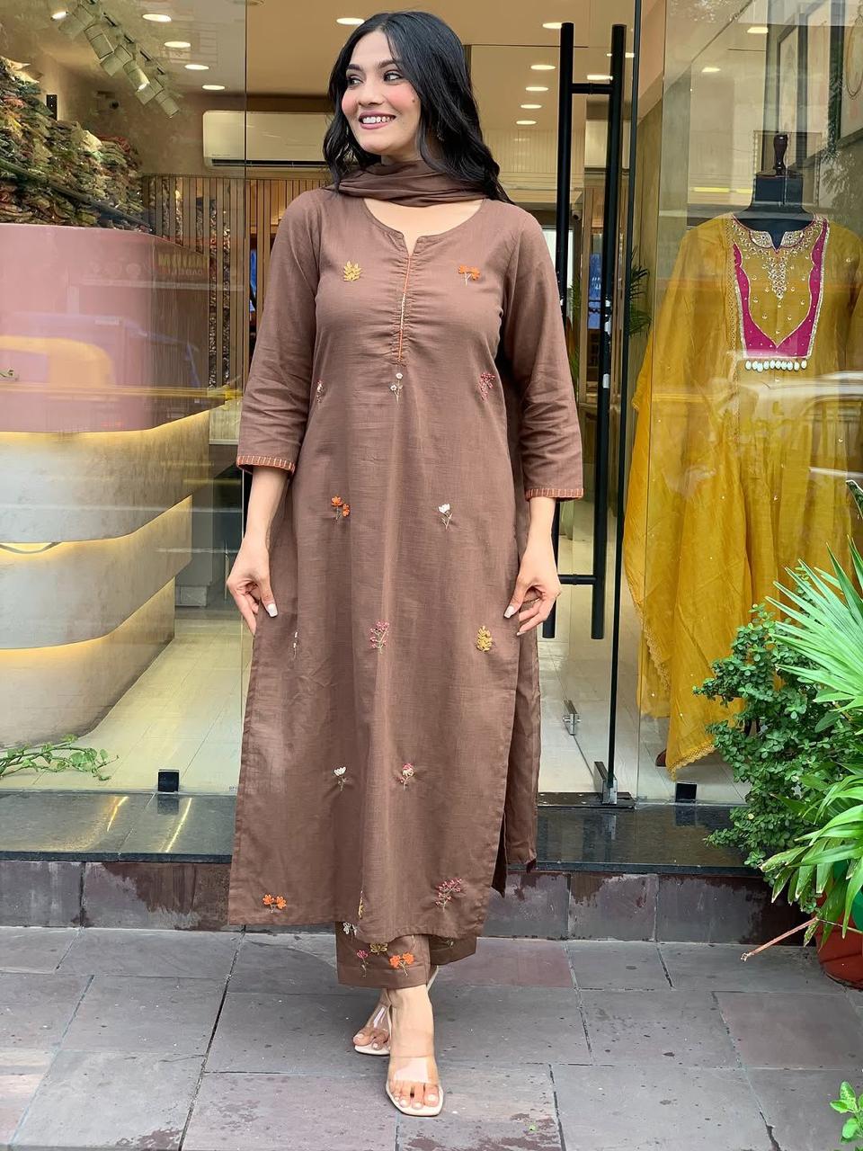 Rust Elegance Cotton Slub Straight Suit Set with Full Embroidery Work 3-Piece Premium Set
