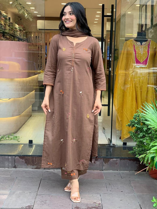 Rust Elegance Cotton Slub Straight Suit Set with Full Embroidery Work 3-Piece Premium Set