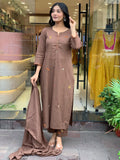 Rust Elegance Cotton Slub Straight Suit Set with Full Embroidery Work 3-Piece Premium Set