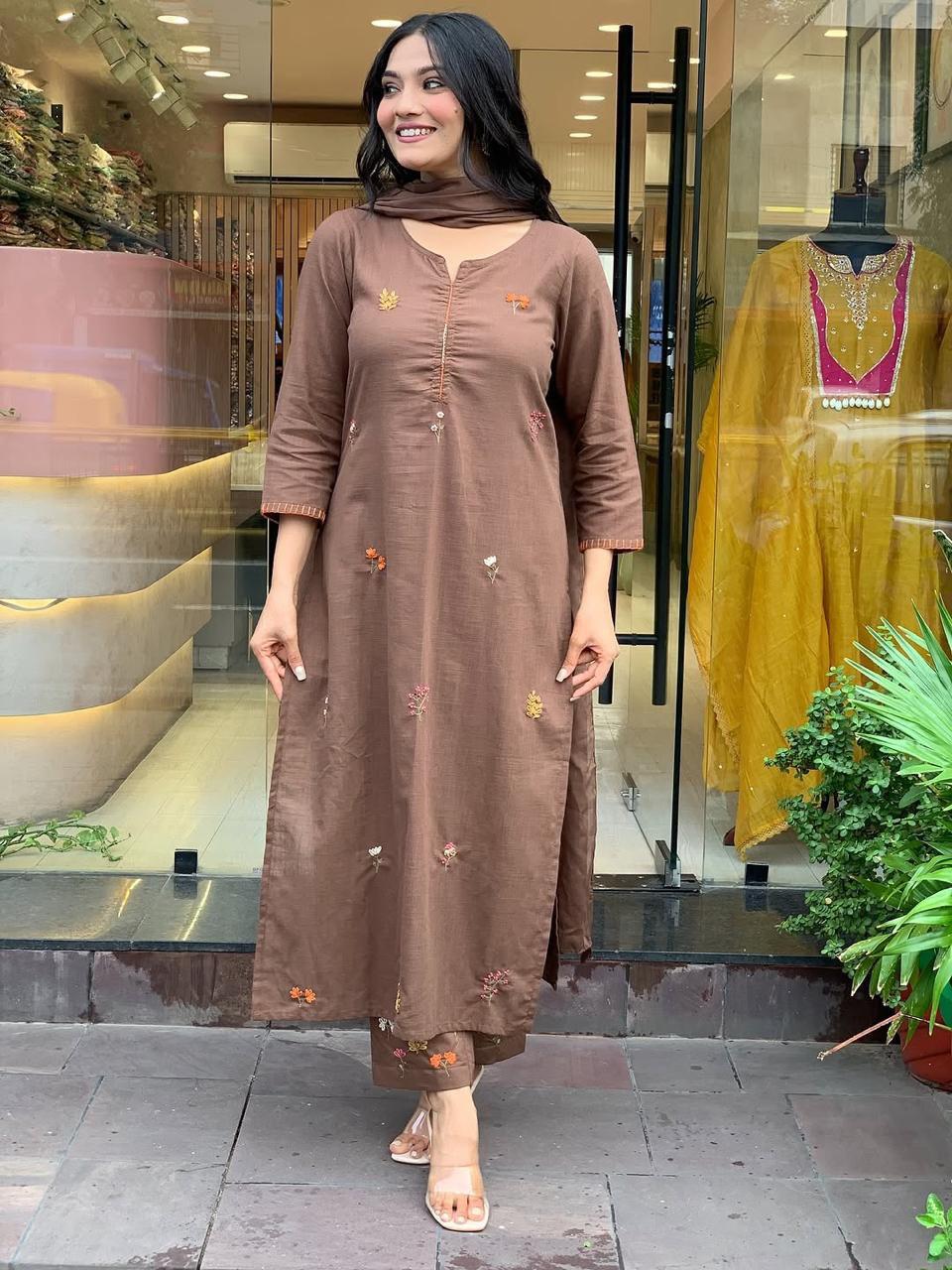 Rust Elegance Cotton Slub Straight Suit Set with Full Embroidery Work 3-Piece Premium Set