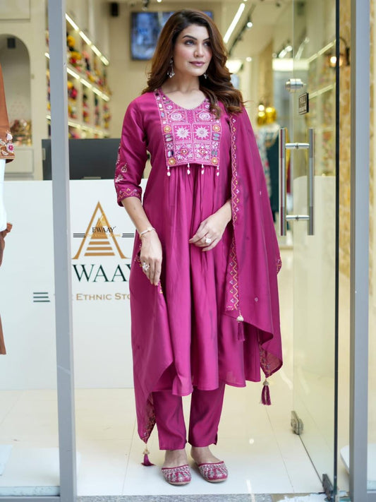 Pure Cotton Embroidered Kurta–Pant–Dupatta Set with Kodi & Moti Latkan Fully Stitched Designer Collection