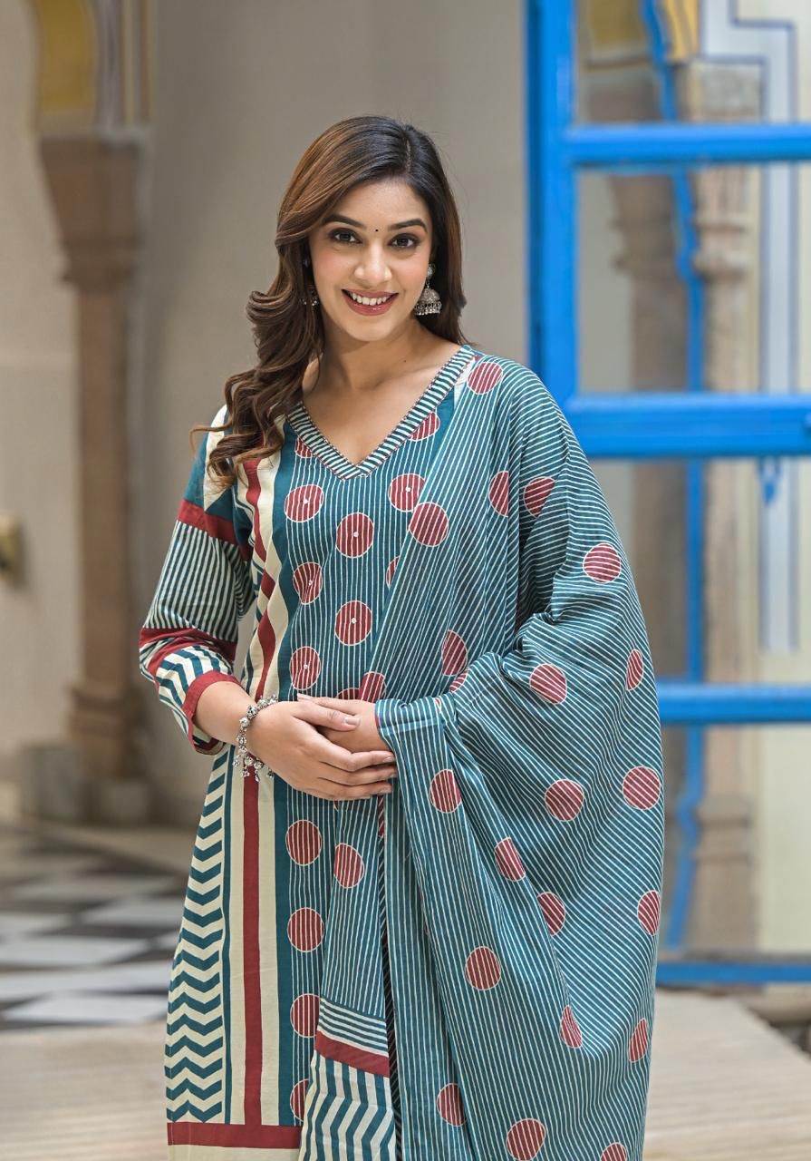 Woman Mul Mul Cotton Teal Blue 3-Piece Suit Set – Kurta, Dupatta & Pant