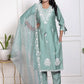 Elegant Olive Green Vertican Fabric Embroidered Suit with  Pocket Organza Dupatta