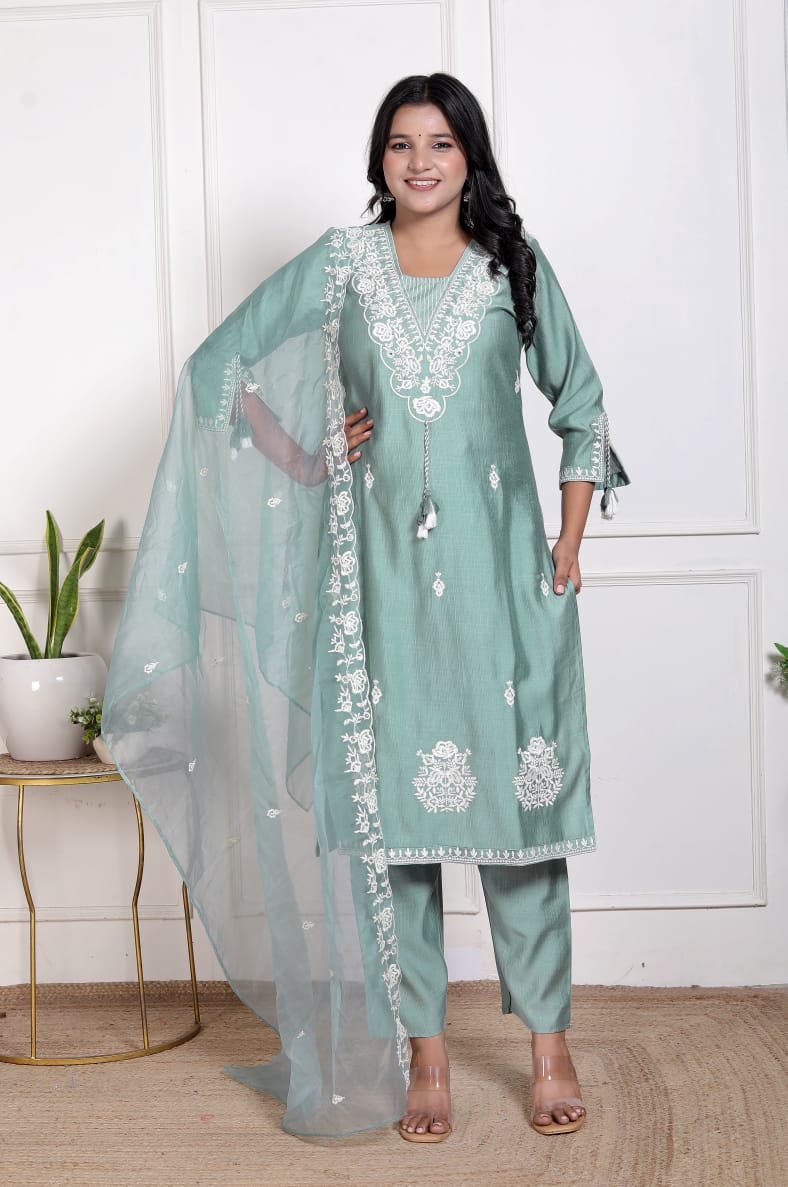 Elegant Olive Green Vertican Fabric Embroidered Suit with  Pocket Organza Dupatta