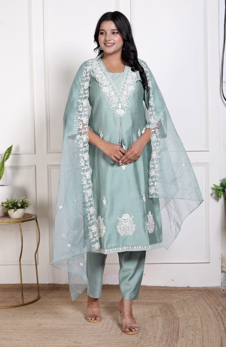 Elegant Olive Green Vertican Fabric Embroidered Suit with  Pocket Organza Dupatta