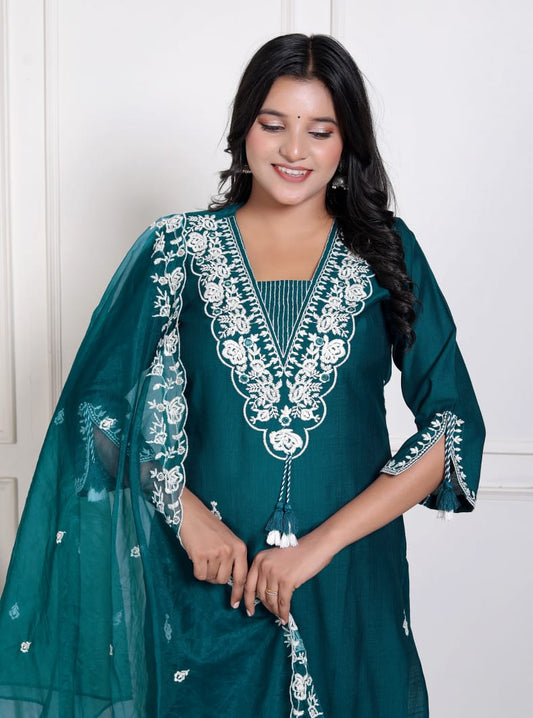 Elegant Olive Green Vertican Fabric Embroidered Suit with  Pocket Organza Dupatta