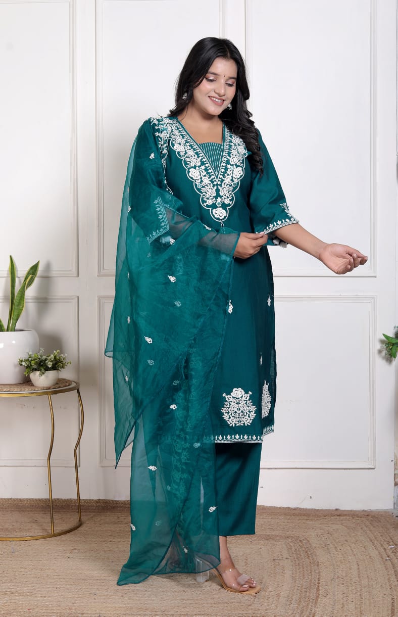 Elegant Olive Green Vertican Fabric Embroidered Suit with  Pocket Organza Dupatta