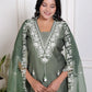 Elegant Olive Green Vertican Fabric Embroidered Suit with  Pocket Organza Dupatta