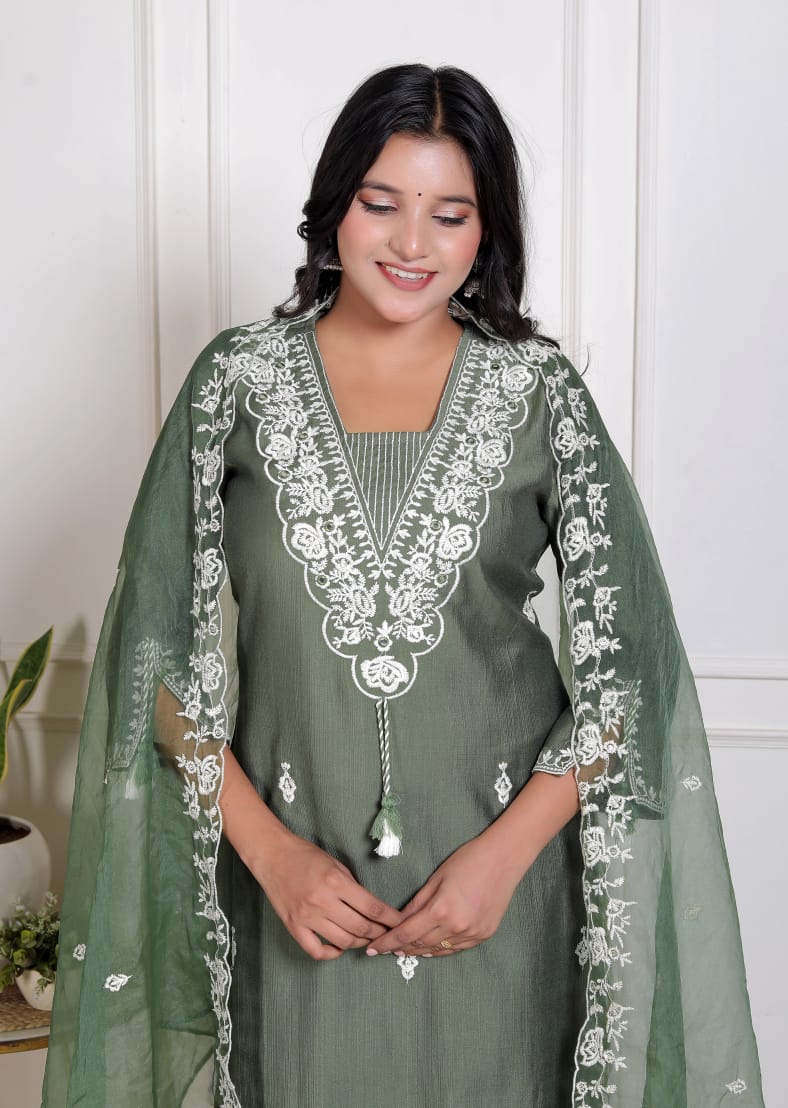Elegant Olive Green Vertican Fabric Embroidered Suit with  Pocket Organza Dupatta
