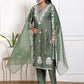 Elegant Olive Green Vertican Fabric Embroidered Suit with  Pocket Organza Dupatta