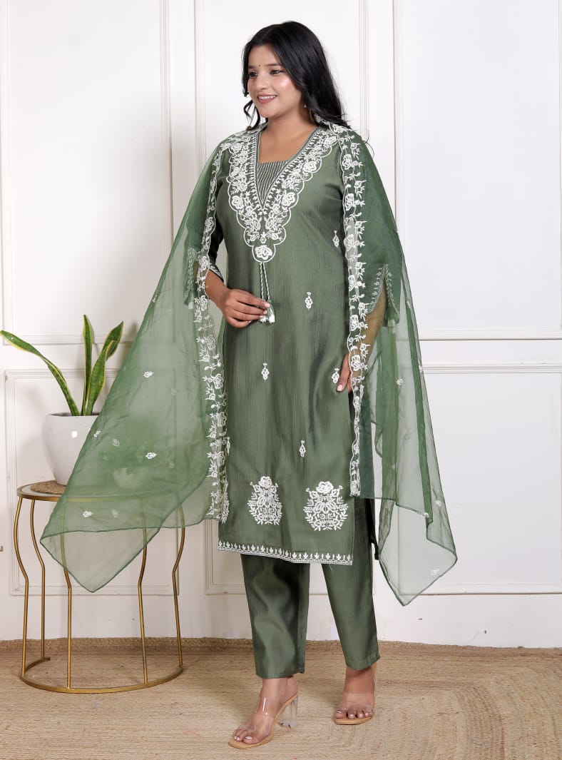 Elegant Olive Green Vertican Fabric Embroidered Suit with  Pocket Organza Dupatta