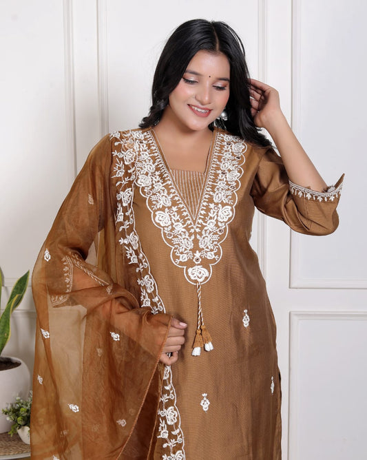 Elegant Olive Green Vertican Fabric Embroidered Suit with  Pocket Organza Dupatta