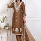 Elegant Olive Green Vertican Fabric Embroidered Suit with  Pocket Organza Dupatta