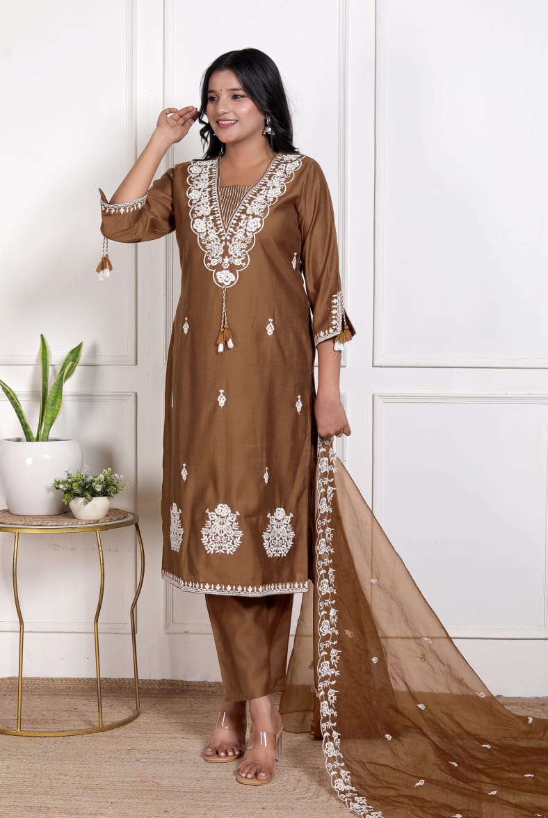 Elegant Olive Green Vertican Fabric Embroidered Suit with  Pocket Organza Dupatta