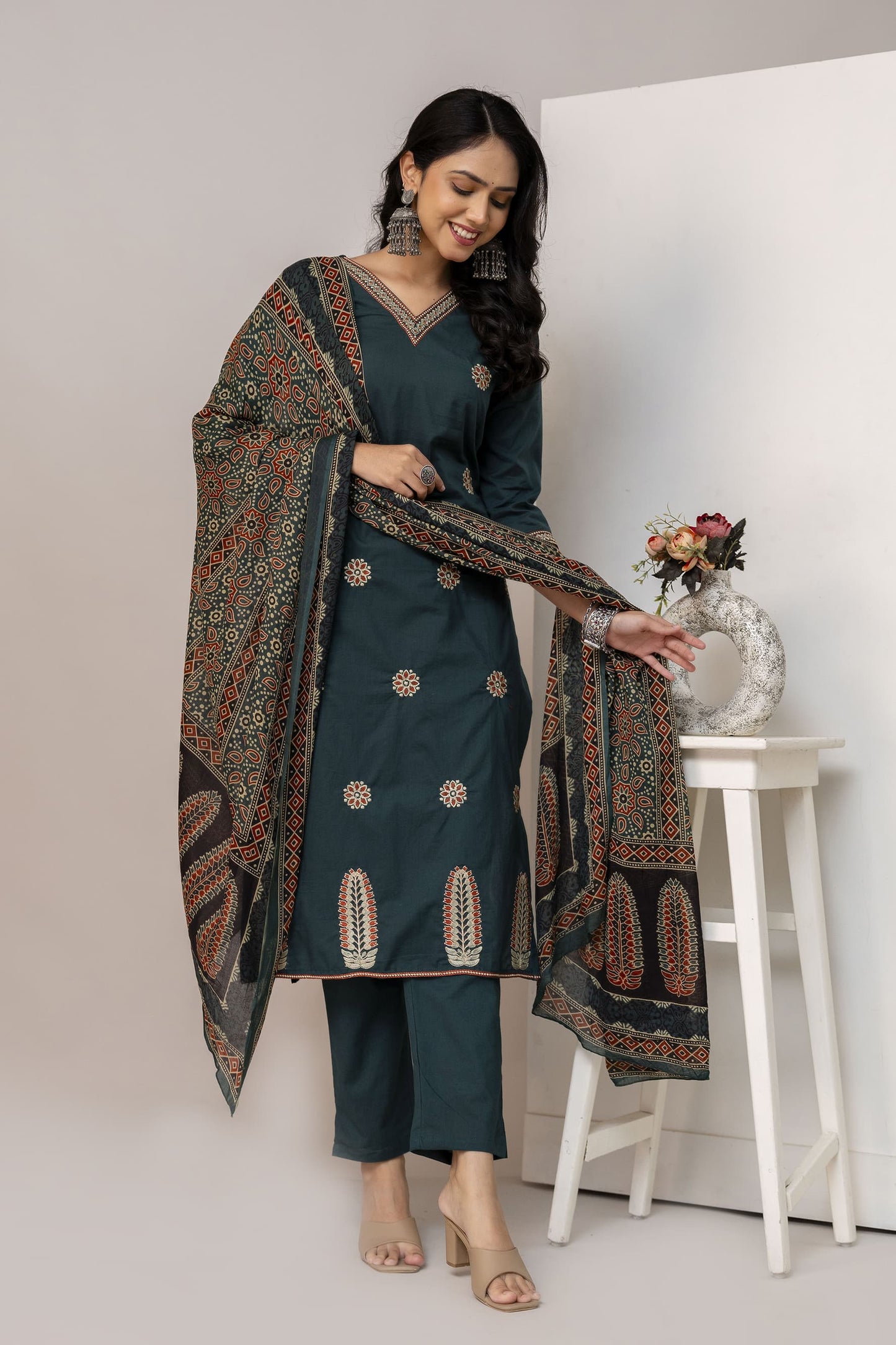Elegant Cotton Embroidered work  3-Piece Suit Set with Pocket (Size 38–46)