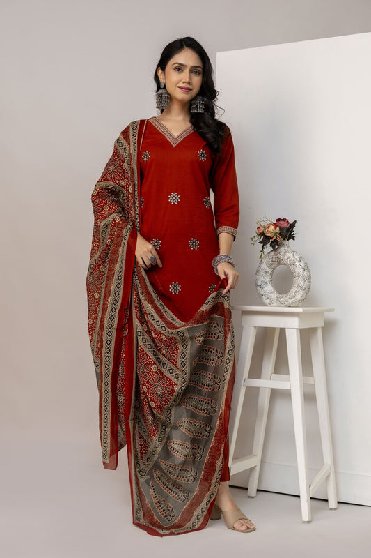 Elegant Cotton Embroidered work  3-Piece Suit Set with Pocket (Size 38–46)