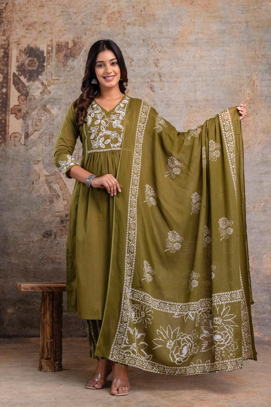 Premium Anarkali-inspired 3 pcs  Cotton 60-60 Kurta, Pant & Dupatta Set with Intricate Neck Embroidery