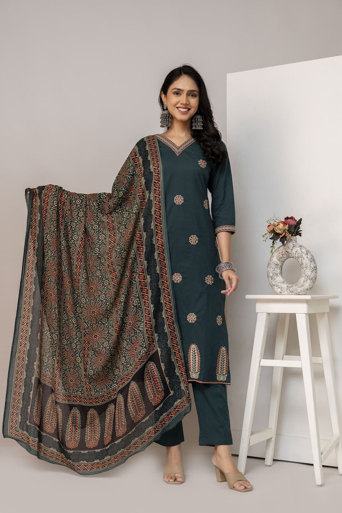 Elegant Cotton Embroidered work  3-Piece Suit Set with Pocket (Size 38–46)