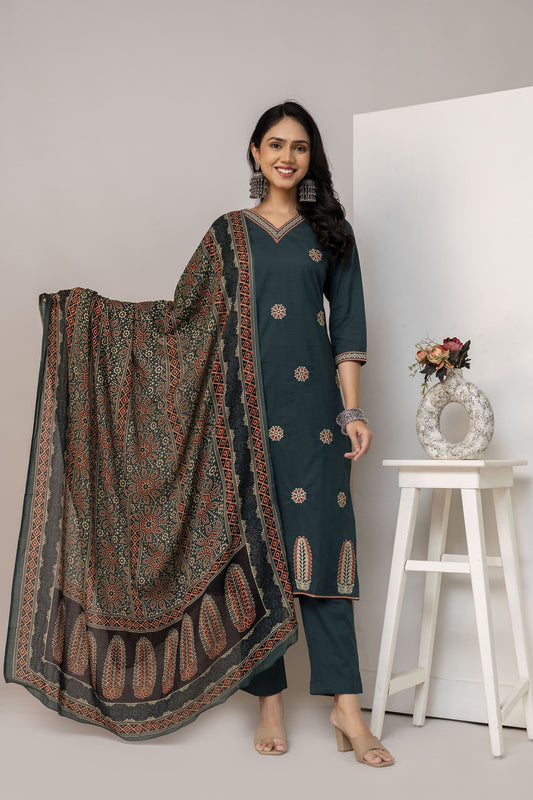 Elegant Cotton Embroidered work  3-Piece Suit Set with Pocket (Size 38–46)