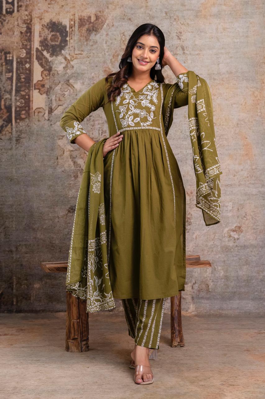 Premium Anarkali-inspired 3 pcs  Cotton 60-60 Kurta, Pant & Dupatta Set with Intricate Neck Embroidery