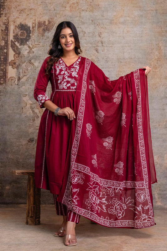 Premium Anarkali-inspired 3 pcs  Cotton 60-60 Kurta, Pant & Dupatta Set with Intricate Neck Embroidery