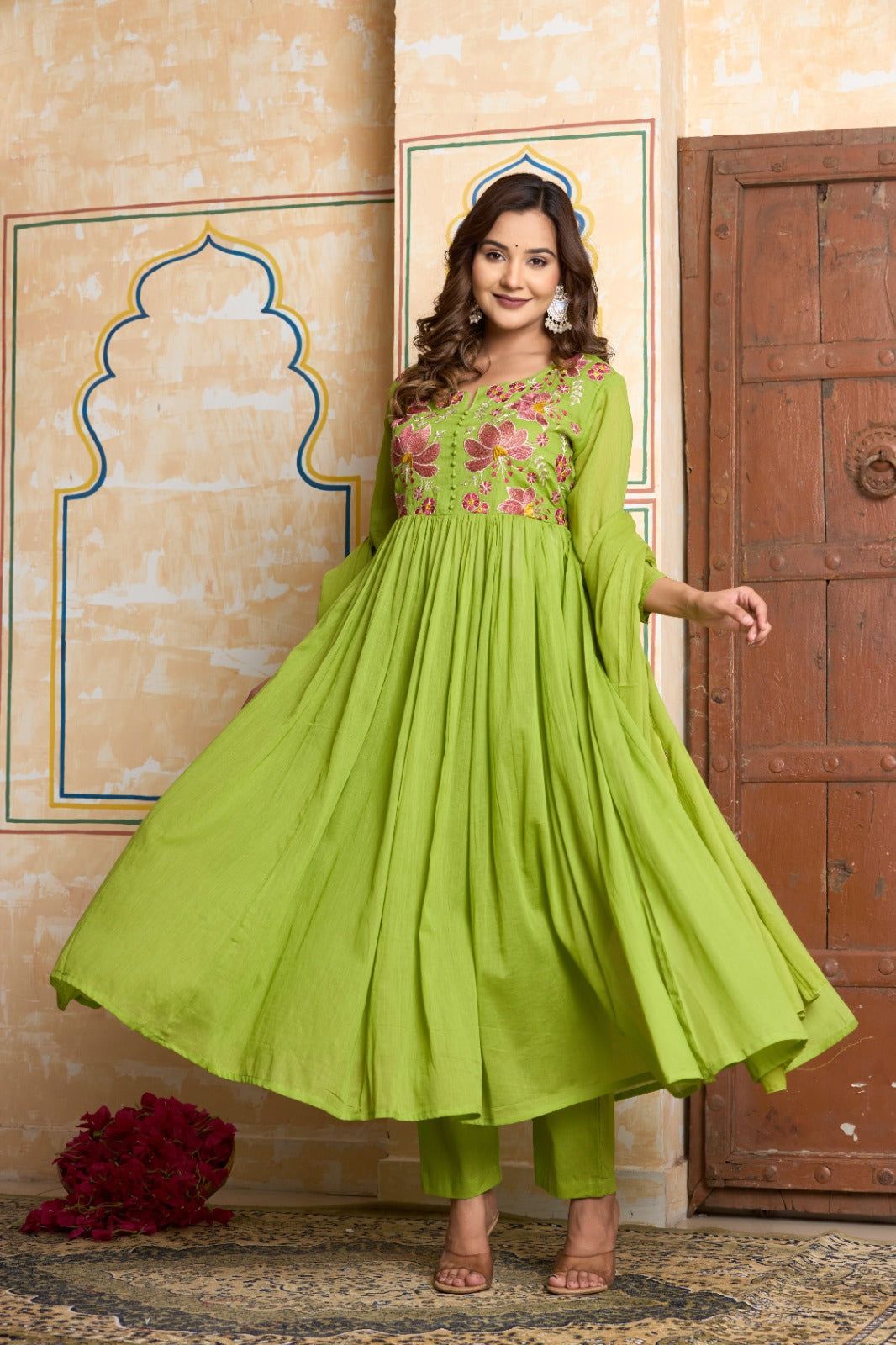 Breathable Mul Mul Cotton Suit Set – Green Embroidered Elegance