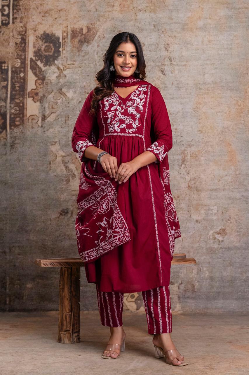 Premium Anarkali-inspired 3 pcs  Cotton 60-60 Kurta, Pant & Dupatta Set with Intricate Neck Embroidery