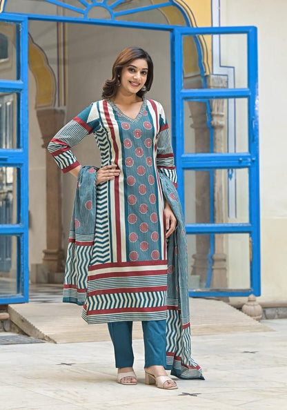 Woman Mul Mul Cotton Teal Blue 3-Piece Suit Set – Kurta, Dupatta & Pant