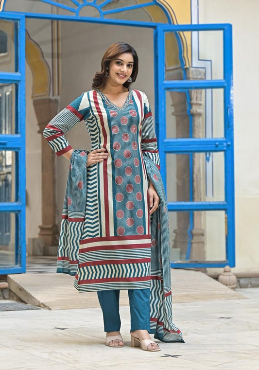 Woman Mul Mul Cotton Teal Blue 3-Piece Suit Set – Kurta, Dupatta & Pant